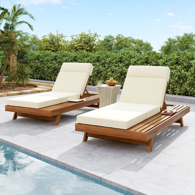 Acacia Wood Lounge Chaise Set with Headrest and Water-Resistant Cushions in Beige