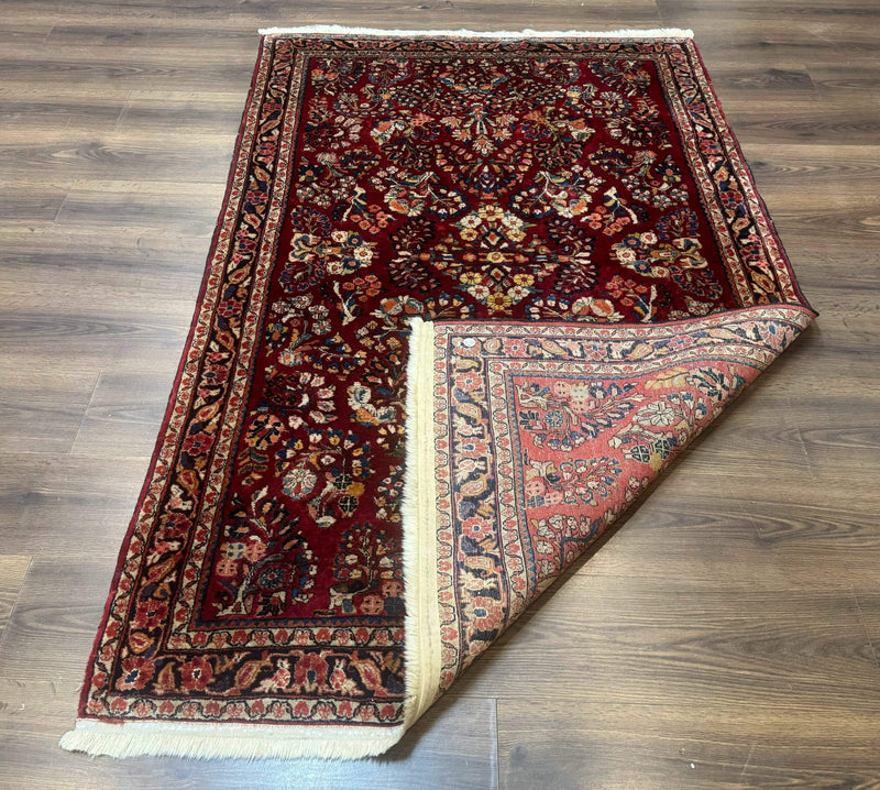 Antique Persian Sarouk Rug 4x6, Floral, Red, Wool Hand Knotted Fine 225 KPSI