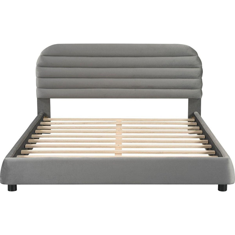 Queen Size Velvet Upholstered Platform Bed,Solid Frame and Stylish Curve-shaped Design, Gray