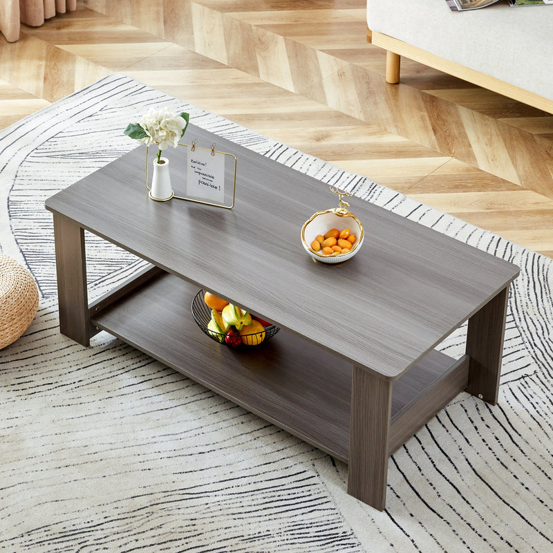 A modern and practical gray textured coffee table,tea table.Double layered coffee table made of MDF material,. Suitable for living room,bedroom and study room. 43.3"x21.6"x16.5" CT-16
