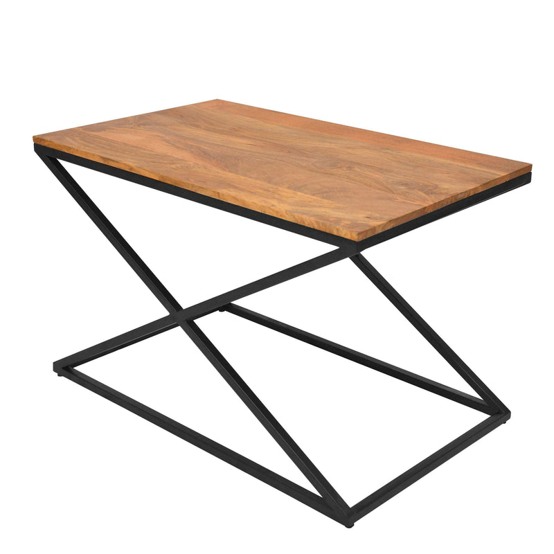 35 Inch Wooden Rectangle Coffee Table with X Shape Metal Frame, Brown and Black
