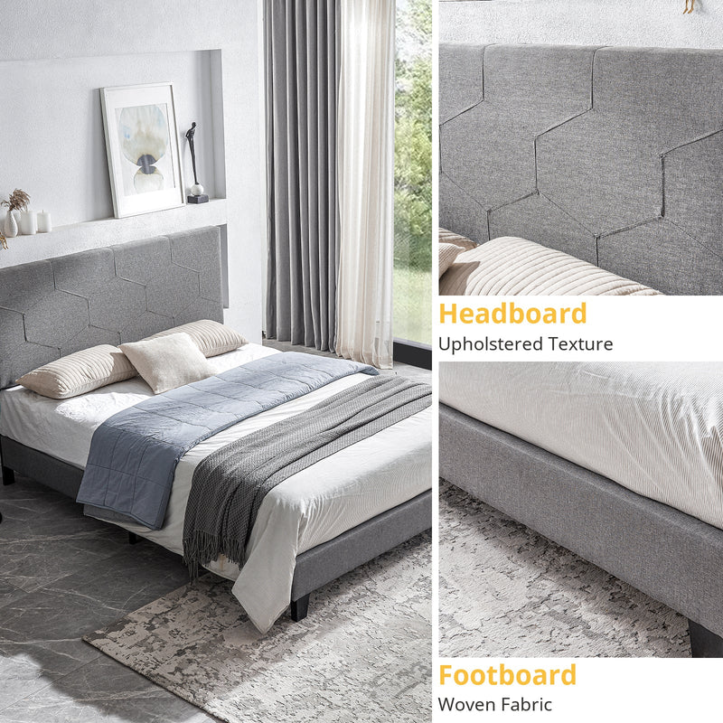 Queen Size Upholstered Platform Bed Frame, Wood Slat Support, Easy Assembly,Grey
