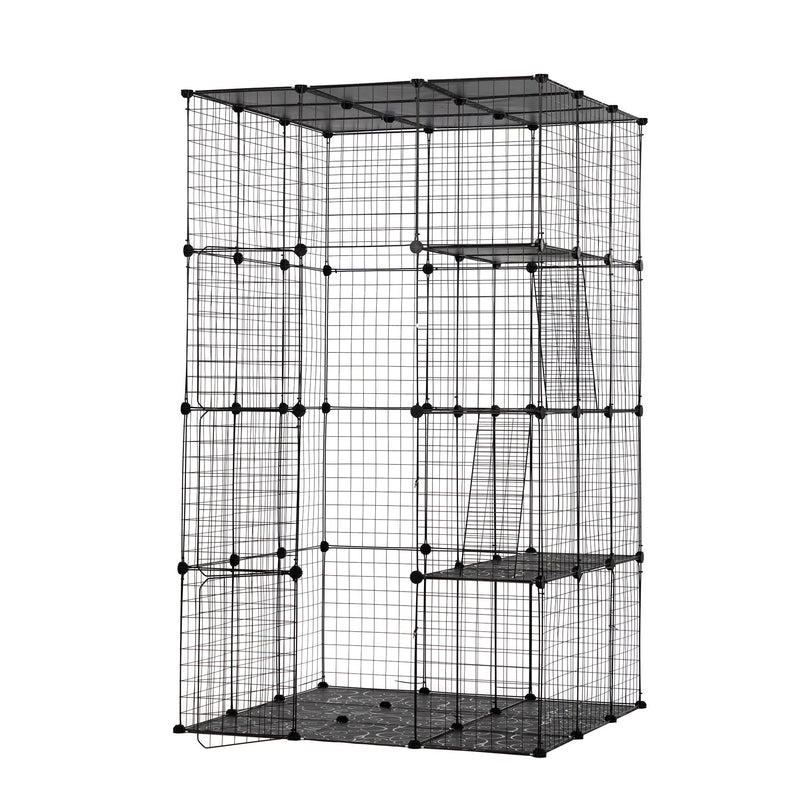 3-Tier Wire Cat Cage, Large Kennels Playpen with 3 Platforms, 3 Ramp Ladders and 4 Doors, Black