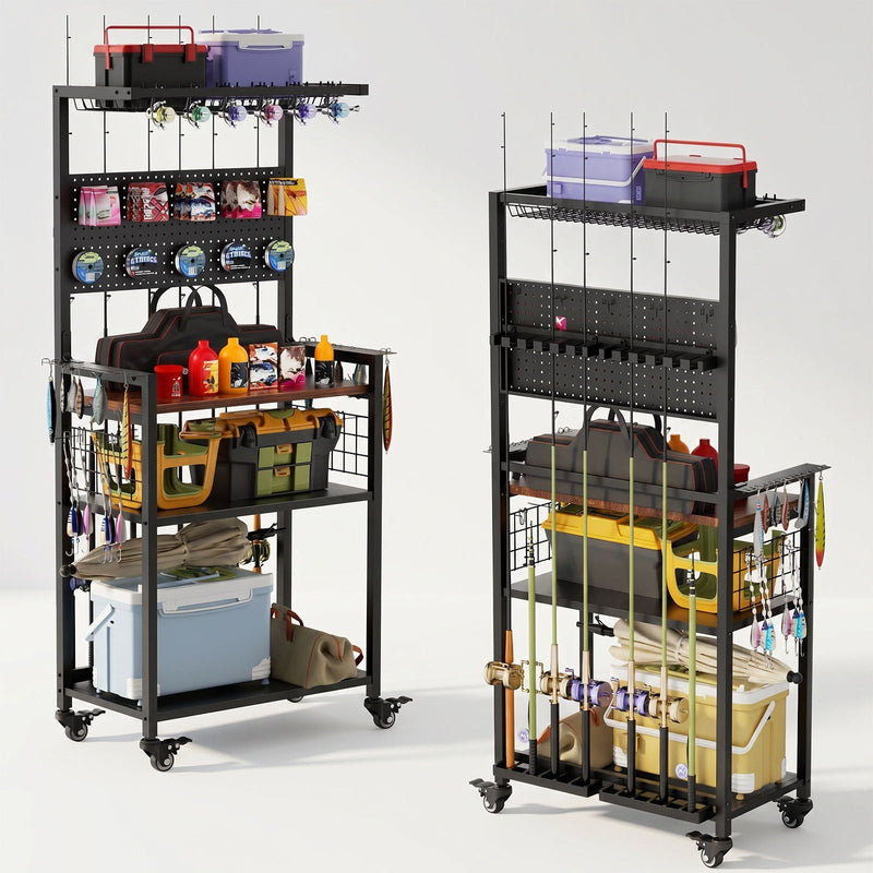Fishing Rod Storage Rack With Pegboard, Rolling Tackle Organizer Cart - Black, photo 2 of 13