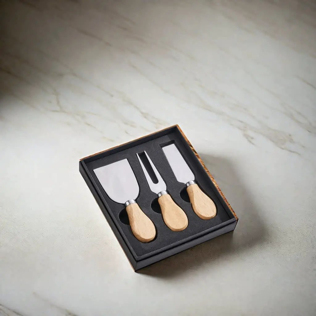 3-Piece Cheese Knife Set - Stainless Steel & Wood, installed in a room