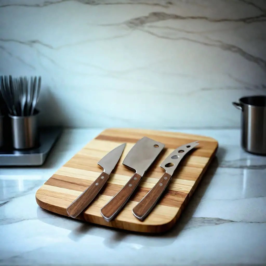 3-Piece Cheese Knife Set with Wooden Handles, installed in a room