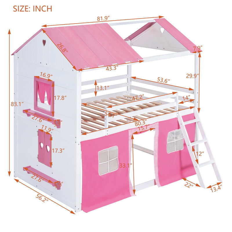 Full Size Bunk Wood House Bed with Elegant Windows, Sills and Tent, Pink+White