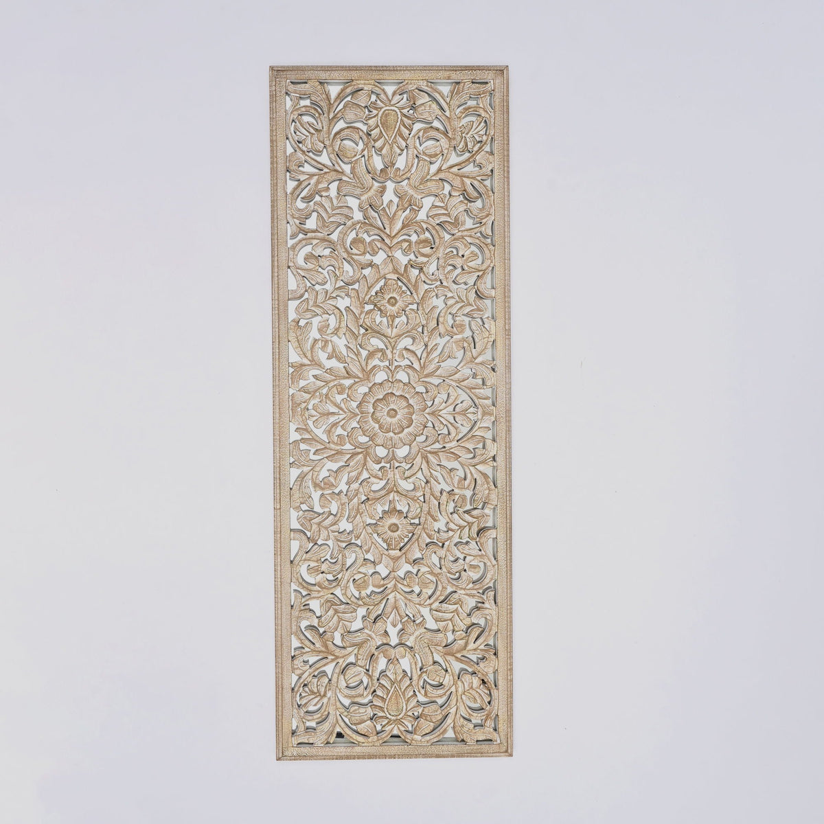Floral Hand Carved Mandala Rectangle Wall Decor With Mirror - Antique Brown / White, photo 2 of 6
