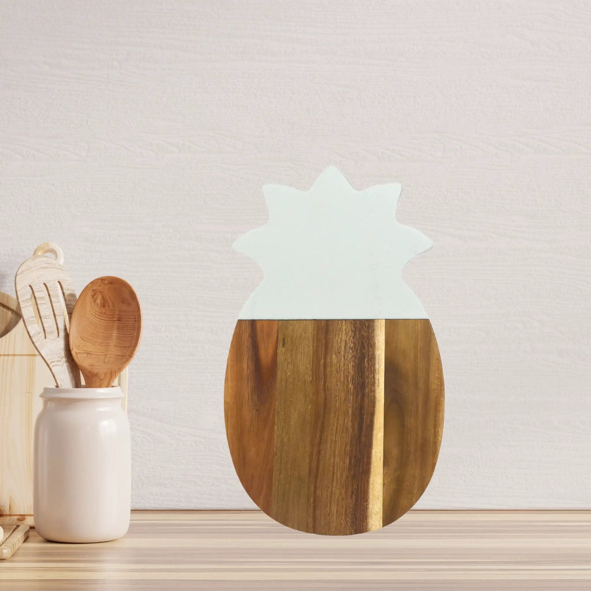 White Marble and Acacia Wood Pineapple Board, installed in a room