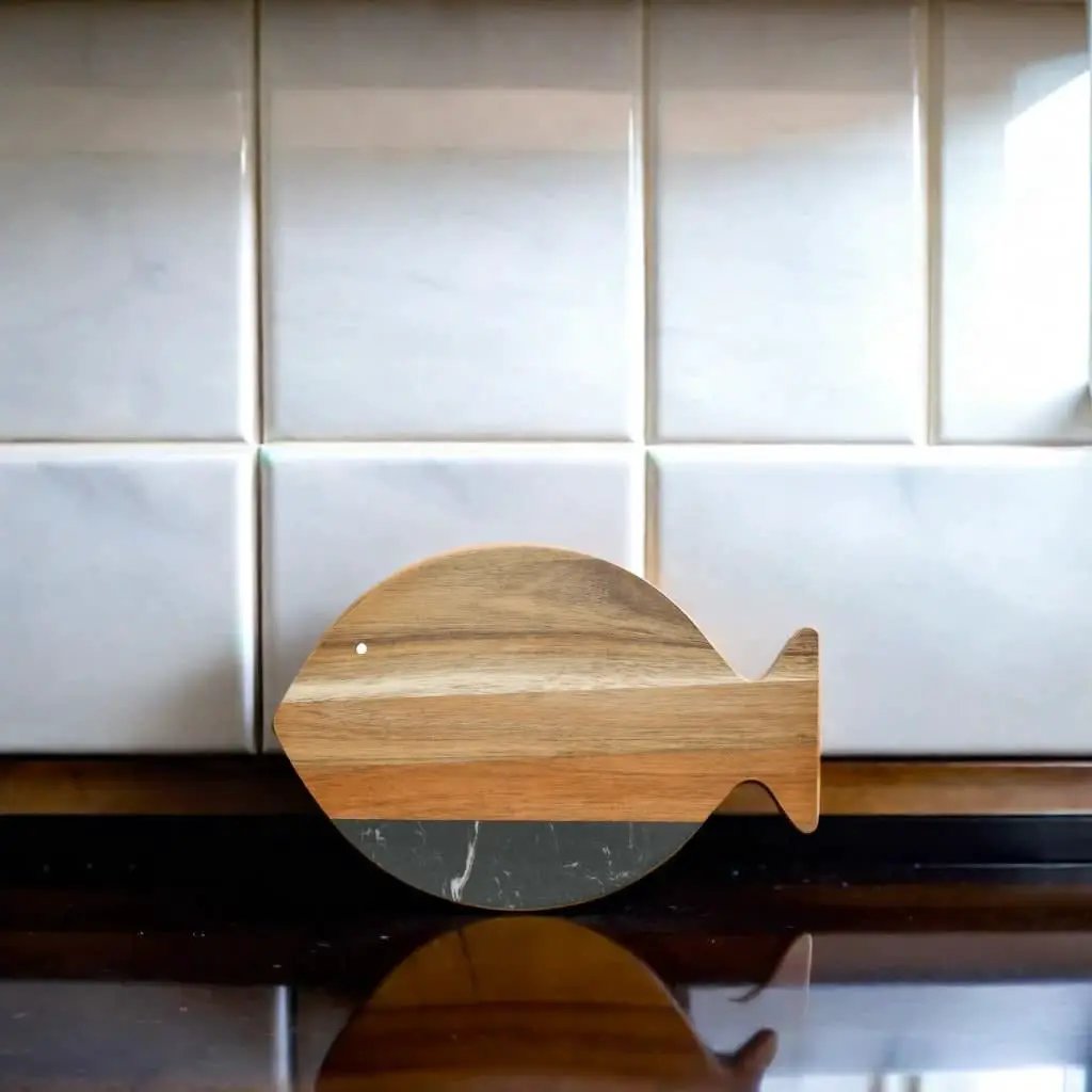 Black Marble and Acacia Wood Fish Board, installed in a room