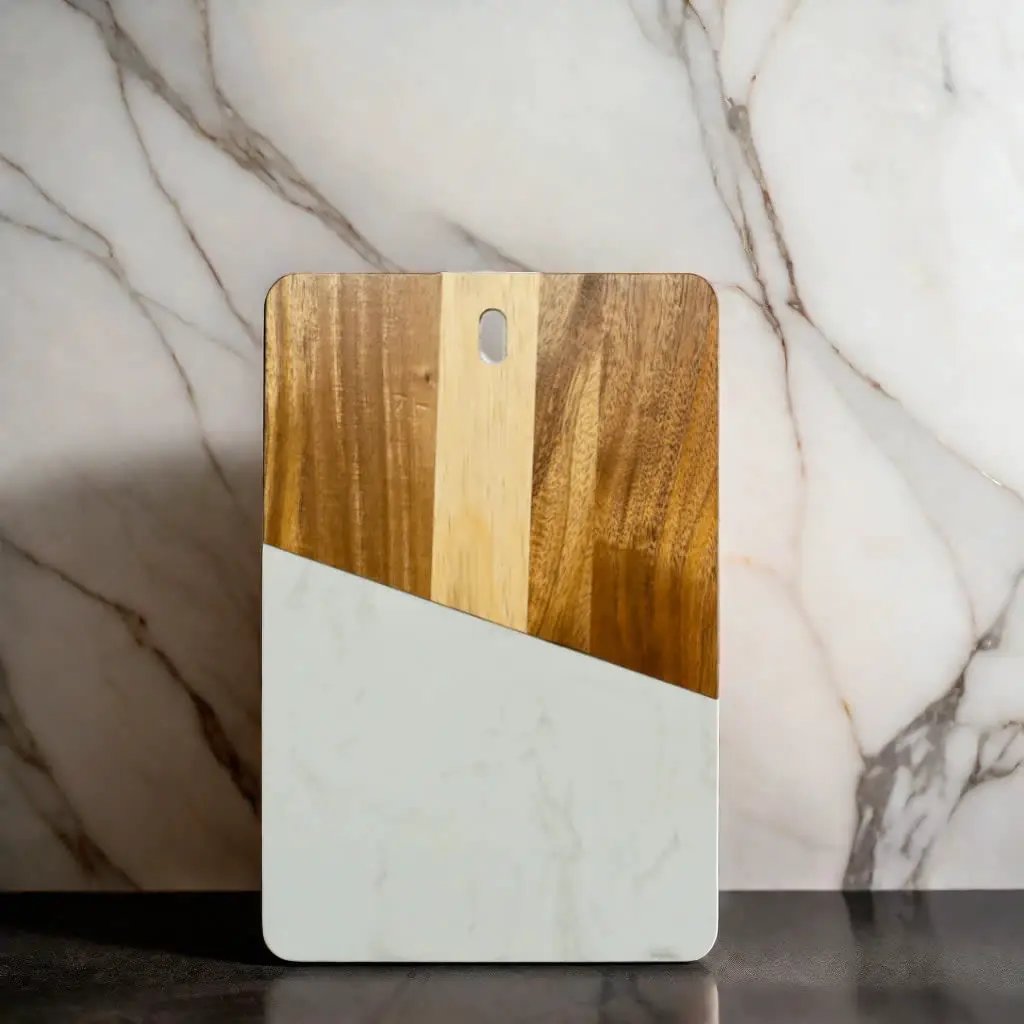 White Marble and Acacia Wood Rectangular Diagonal Board, installed in a room