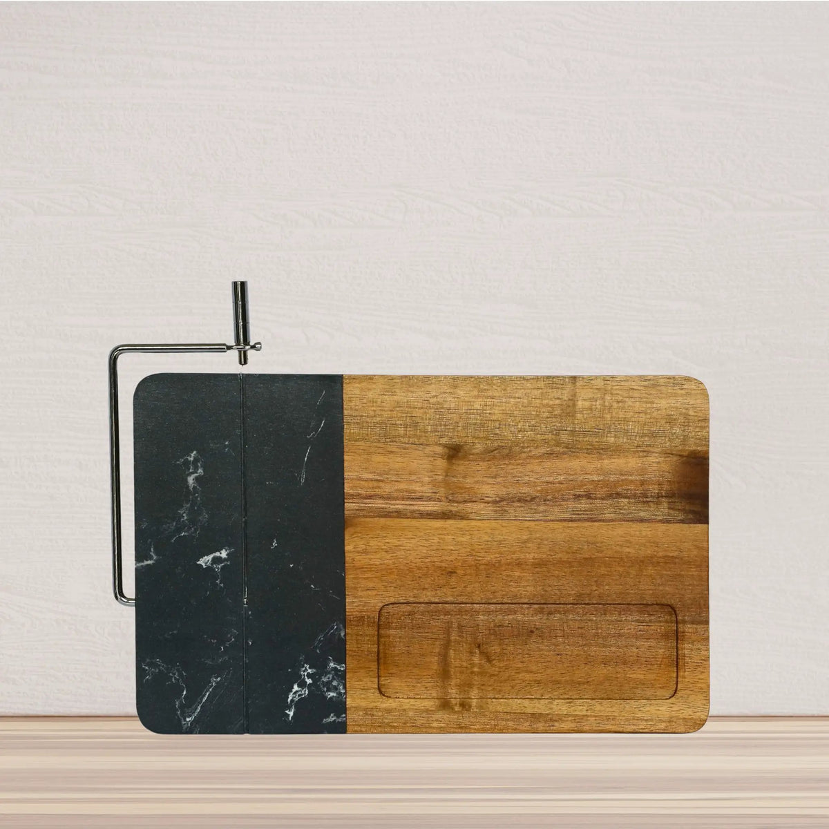 Black Marble and Acacia Wood Board with Slicer, installed in a room