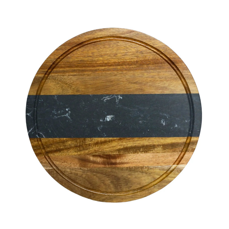 Black Marble Stripe and Acacia Wood Round Board - 11"