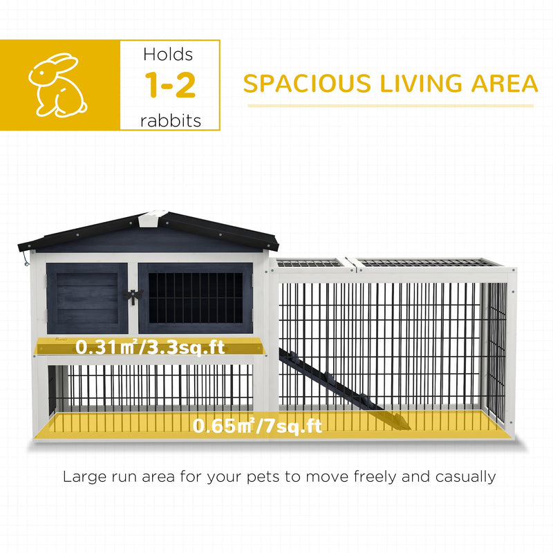2 Levels Outdoor Rabbit Hutch with Openable Top, 59" Wooden Large Rabbit Cage with Run Weatherproof Roof, Removable Tray, Ramp, Dark Gray