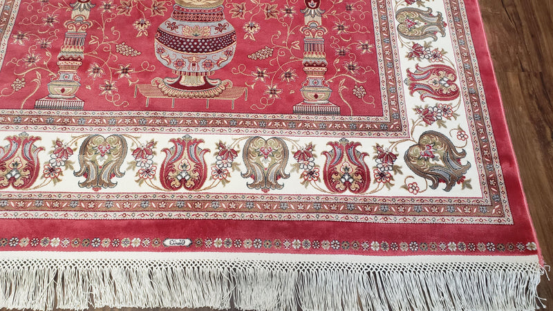 4 x 6 Silk Carpet Red, Traditional Oriental Rug 4x6, Flower Vase Columns, Turkish Rug New, High Quality, Bamboo Silk, Area Rug