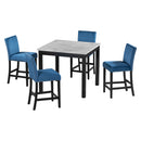 5-piece Counter Height Dining Table Set with One Faux Marble Dining Table and Four Upholstered-Seat Chairs, Table top: 40in.L x40in.W, for Kitchen and Living room Furniture,Blue