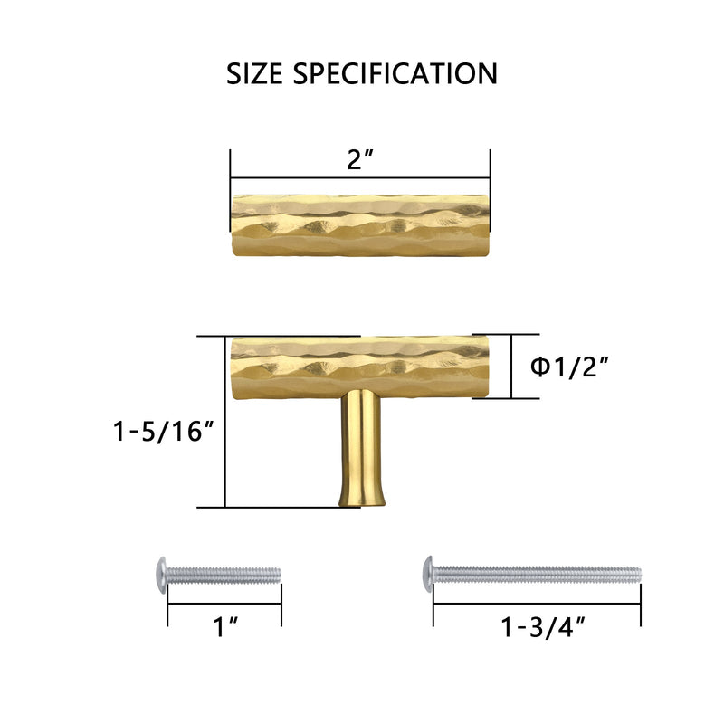Akicon Hammered Polished Gold Kitchen T Bar Cabinet Pulls 100% Solid Brass Drawer Knob AK01917A-PB