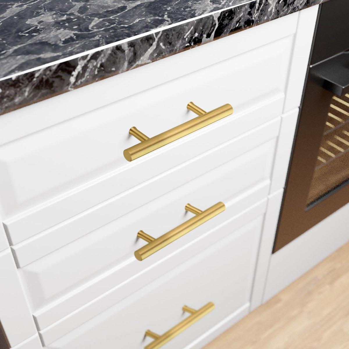 Akicon Brushed Gold Kitchen Cabinet Handles 100% Solid Brass Drawer Pulls, photo 3 of 7