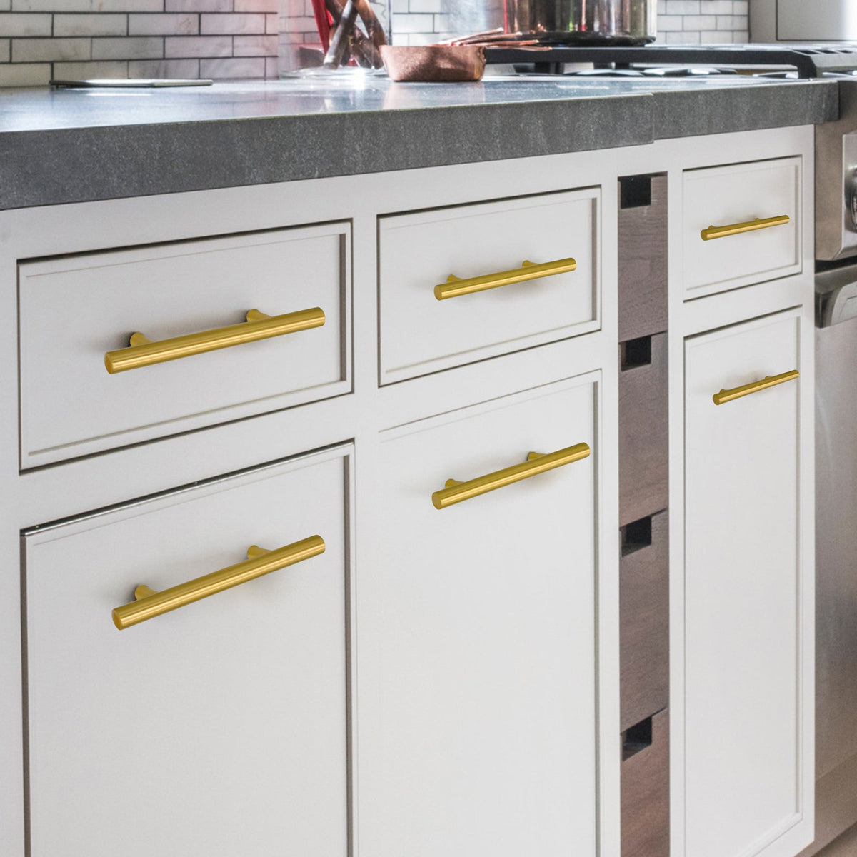 Akicon Brushed Gold Kitchen Cabinet Handles 100% Solid Brass Drawer Pulls, photo 4 of 7