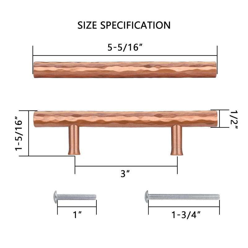 Akicon 3 Inch Hole Center Hammered Copper Kitchen Cabinet Handles 100% Solid Brass Drawer Pulls AK01930A-C