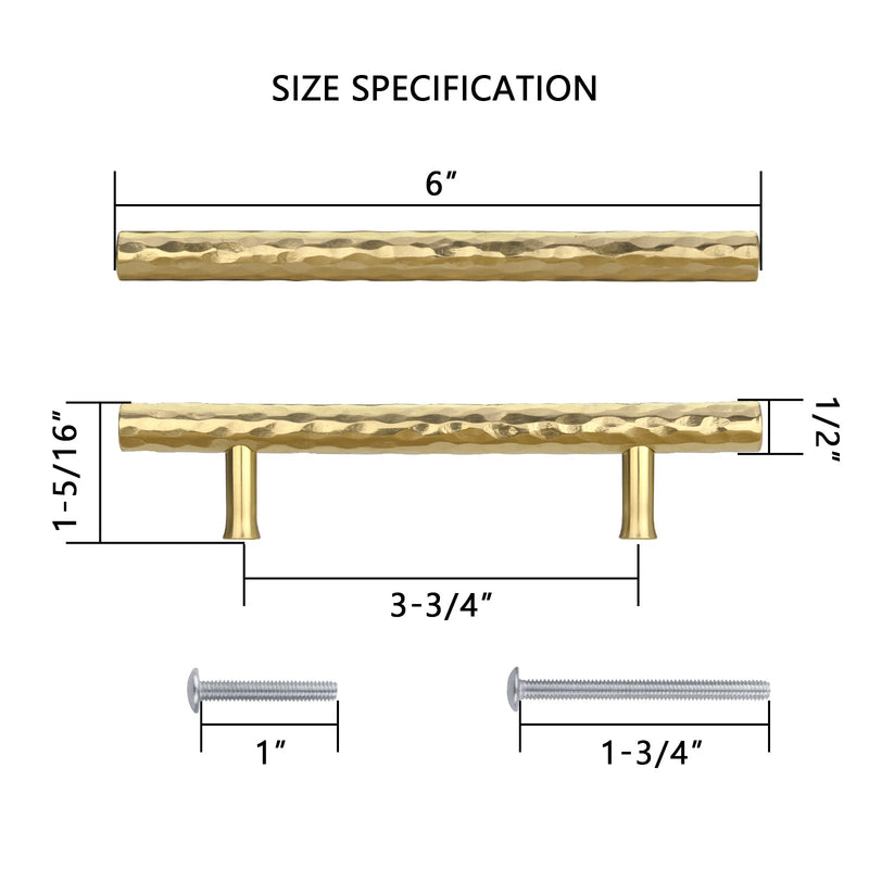 Akicon 3-3/4 Inch Hole Center Hammered Polished Gold Kitchen Cabinet Handles 100% Solid Brass Drawer Pulls AK01931A-PB