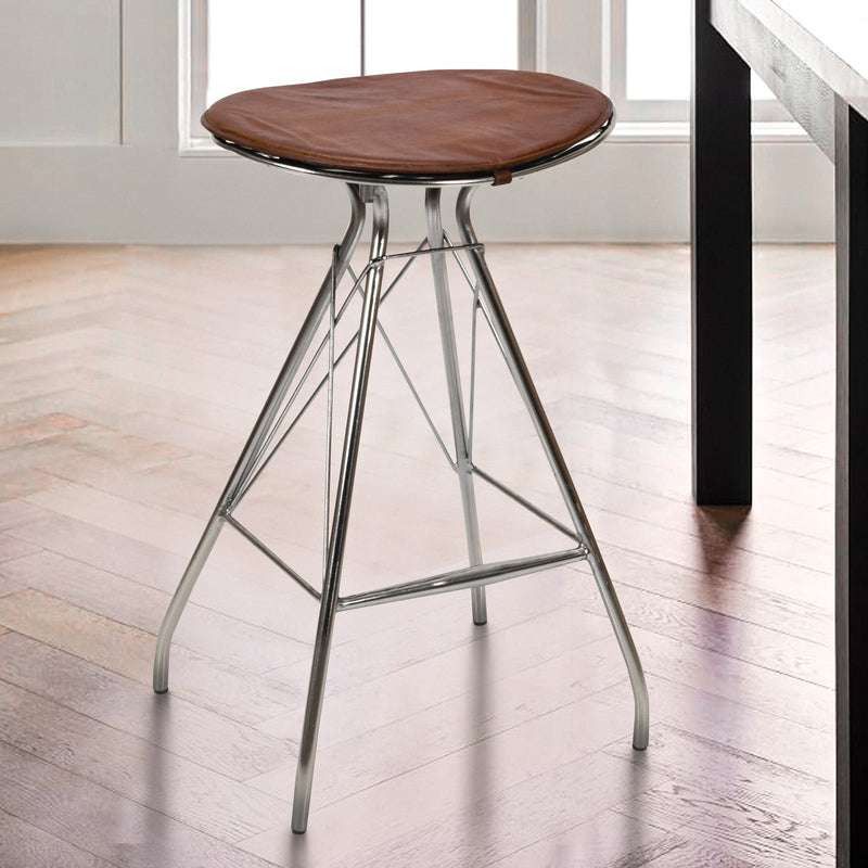 30 Inch Metal Frame Bar Stool, Round Genuine Leather Seat, Dark Brown, Silver