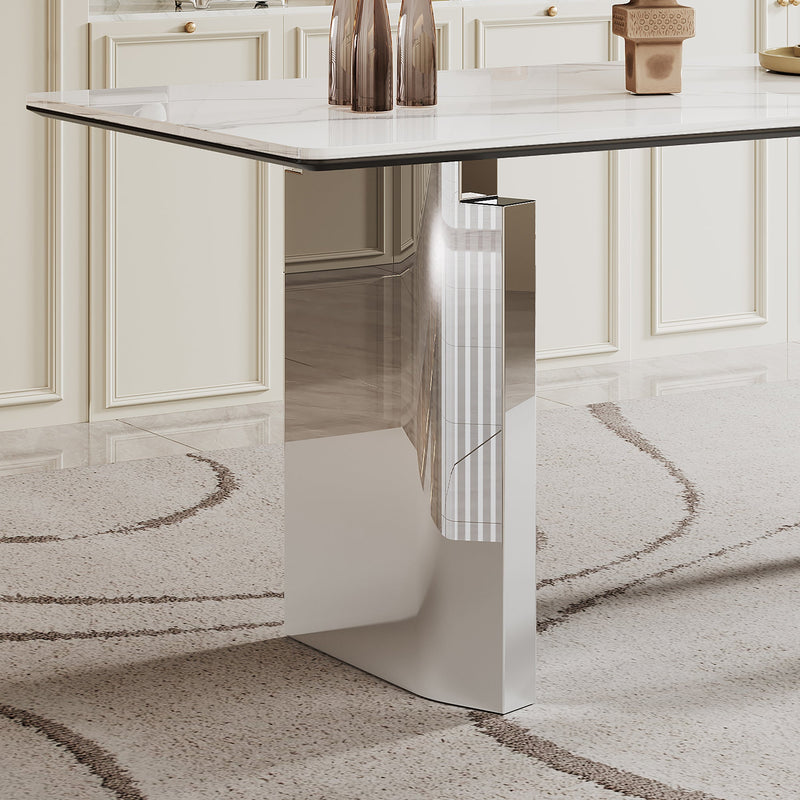 0.47" Thick Sintered Stone Composite Tempered Glass Top Rectangular Dining Table with Stainless Steel Base