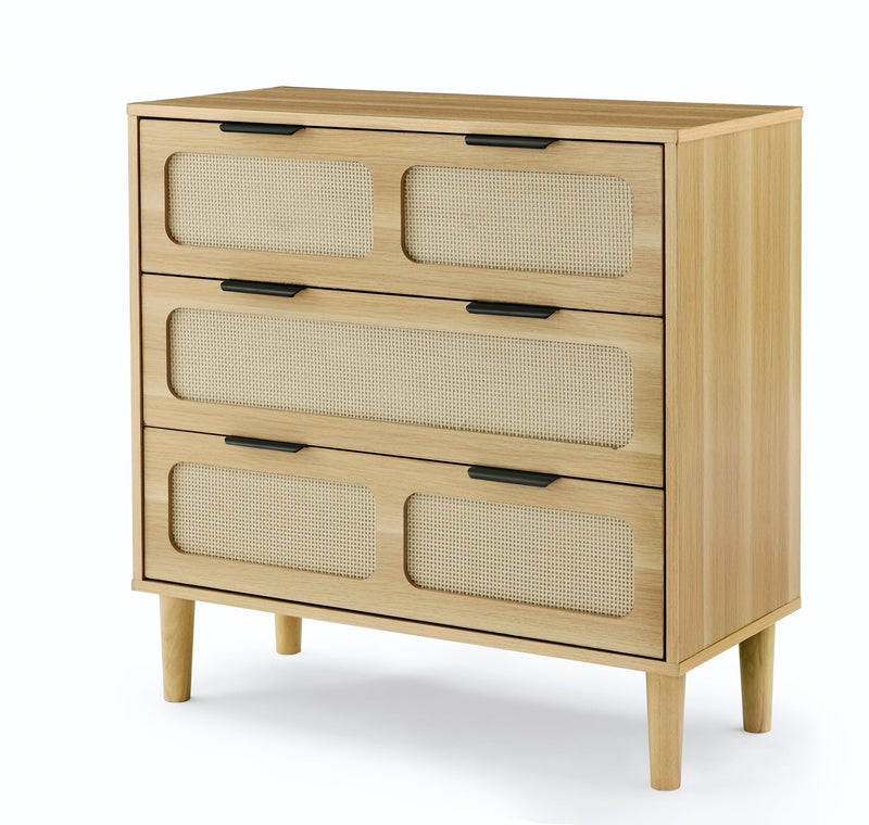 3 drawer dresser, modern rattan dresser cabinet with wide drawers and metal handles, farmhouse wooden storage chest of drawers for room, living room, hallway, entrance, office