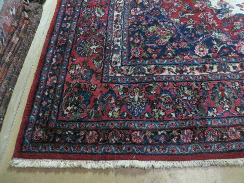 9x12 Persian Sarouk Rug - Semi Open Field Medallion Rug - Ivory Red Blue Hand Knotted Wool Oriental Carpet 9 x 12 Antique Rug - Vegetable Dyes