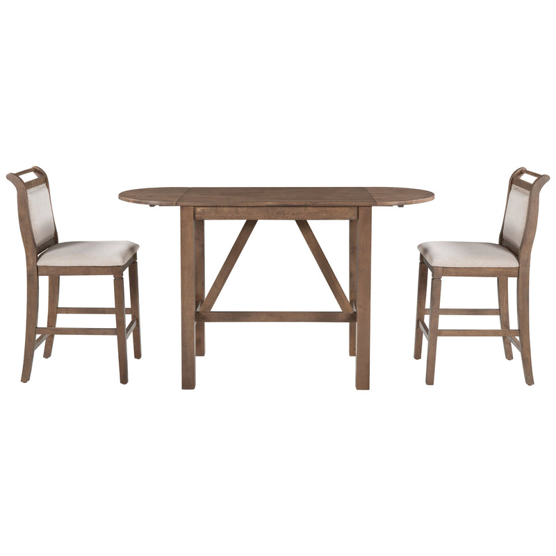 3-Piece Wood Counter Height Drop Leaf Dining Table Set with 2 Upholstered Dining Chairs for Small Place, Brown
