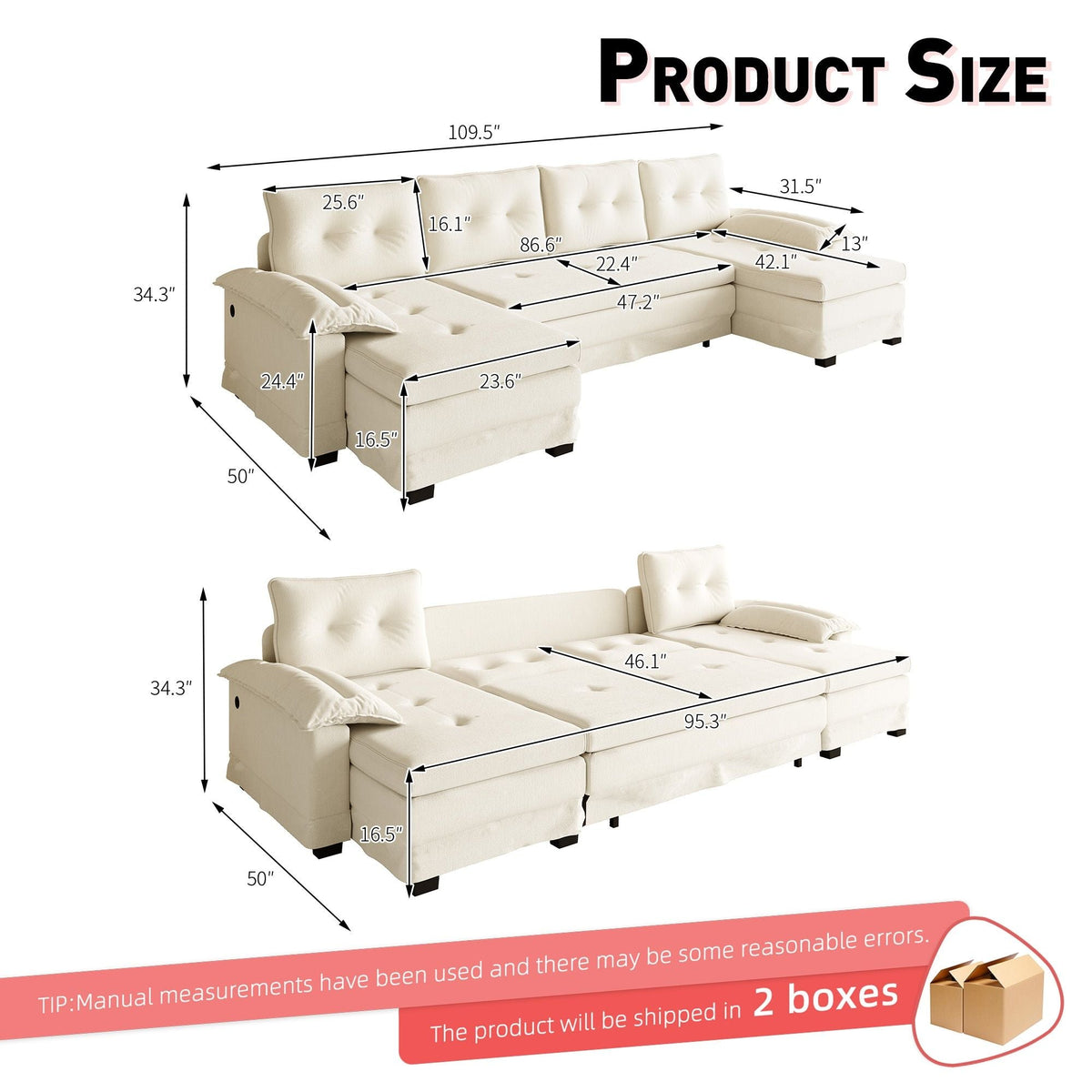 U-Shaped Sleeper Sofa With Pull Out Bed, Removable Armrests & USB Ports For Living Room, photo 4 of 12