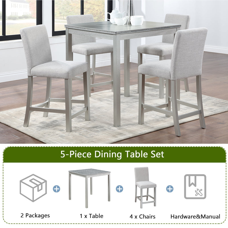 5 Piece Counter Height Table Set, Wooden Kitchen Table Set with Square Table and 4 Upholstered Chairs, Counter Height Dining Table with Crystal Decoration and Chair Set for Kitchen, Dining Room,Gray