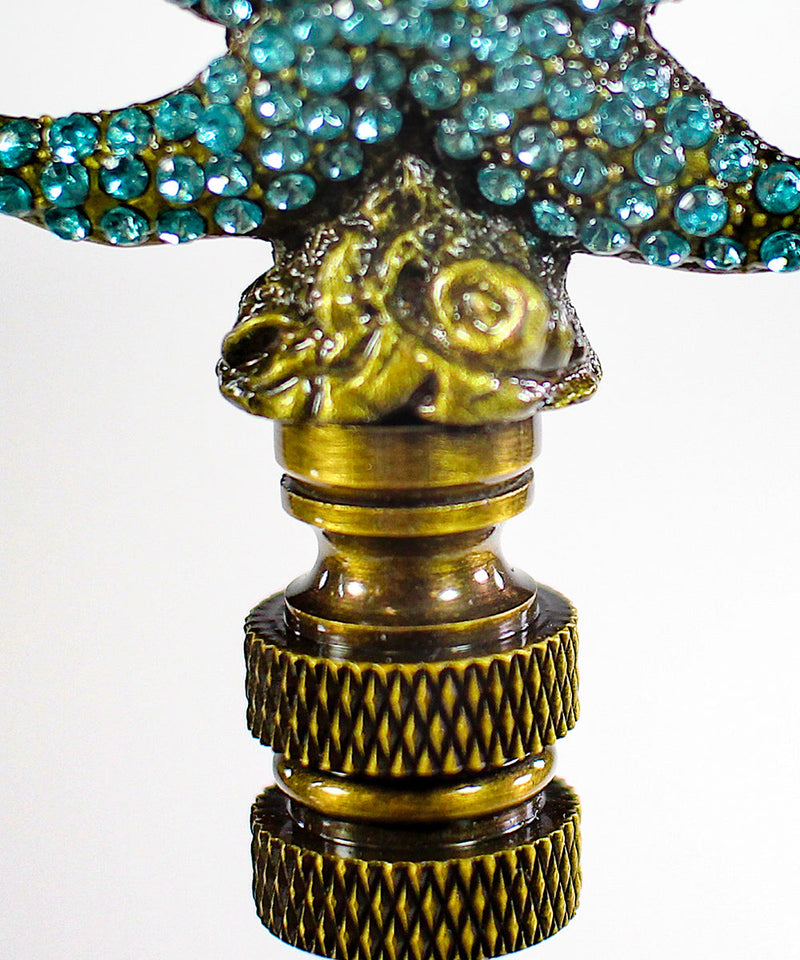 Starfish with Aegean Blue Glass Lamp Finial Antique Metal 2.5"h