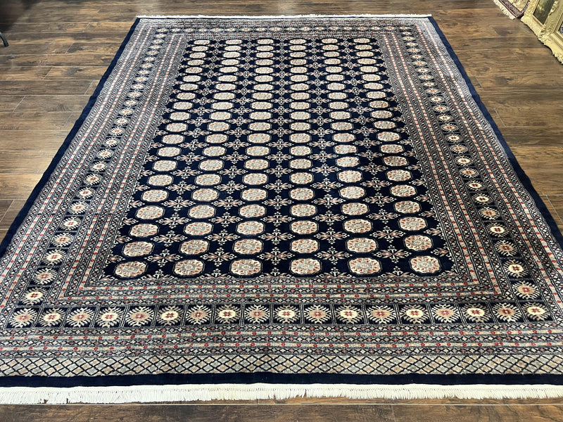 Pakistani Bokhara Rug 8x10, Turkoman Carpet, Dark Blue and Beige, Vintage Handmade Wool Carpet