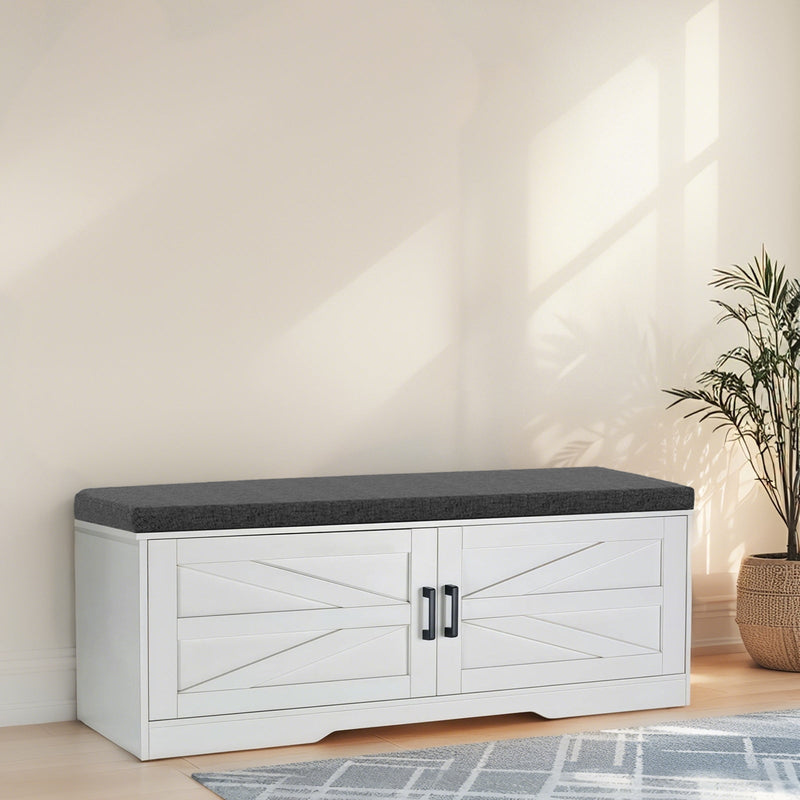2 Tier Shoe Bench with Padded Seat, 2 Barn Doors and Adjustable Shelves, for Entryway and Living Room, White MDF