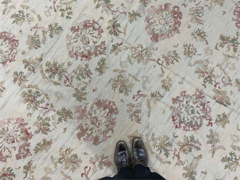 9x12 Flatweave Aubusson Needlepoint Rug, New, Beige, Tan, Green, Handmade, Hand-Knotted Area Rug, French European Carpet, Flowers