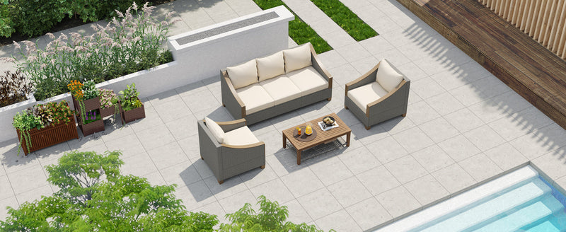 4-Piece Rattan Outdoor Conversation Sofa Set with Wooden Coffee Table and Cushions Seating 5 People for Patio, Garden and Backyard (Grey)