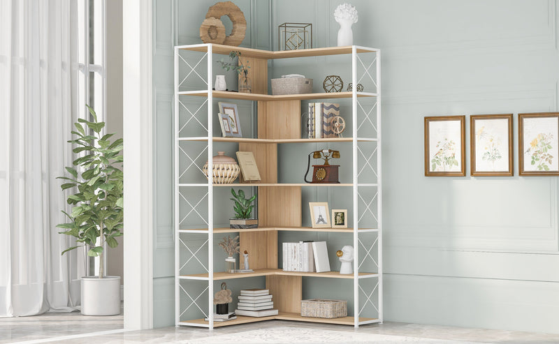 7-Tier Bookcase Home Office Bookshelf, L-Shaped Corner Bookcase with Metal Frame, Industrial Style Shelf with Open Storage, MDF Board