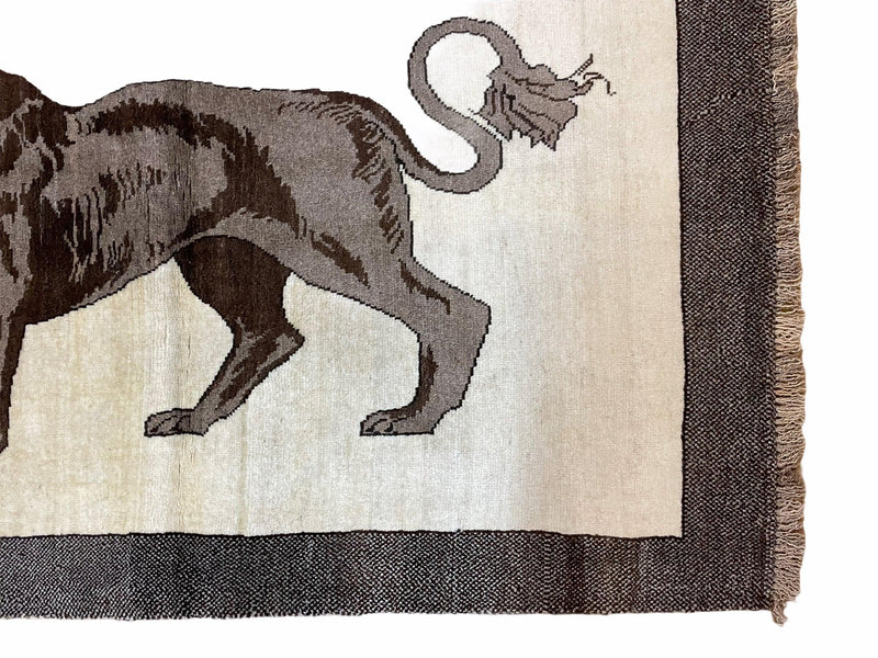 3 x 5 Handmade Rug Brown Beige Hand-Knotted Lion Rug New Vintage Quality Animal