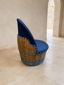 Whiskey & Wine Barrel Lounge Chair — Hidden Storage, Memory Foam, Blue Denim Upholstery (Limited)