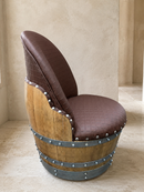 Whiskey & Wine Barrel Lounge Chair — Hidden Storage, Memory Foam, Checkered Brown Upholstery (Limited)