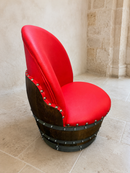 Whiskey & Wine Barrel Lounge Chair — Hidden Storage, Memory Foam, Red Upholstery (Limited)