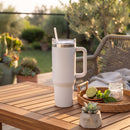 40 Oz Stainless Steel Tumbler with Handle & Straw - White