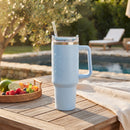 40 Oz Stainless Steel Tumbler with Handle & Straw - Light Blue