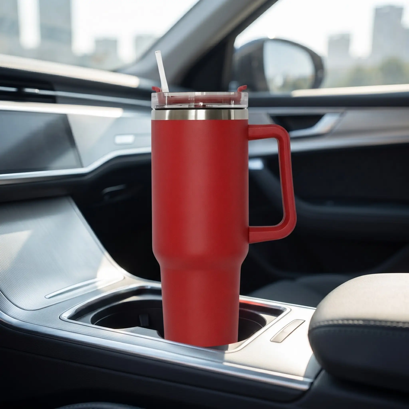 40 Oz Stainless Steel Tumbler with Handle & Straw - Red, installed in a room