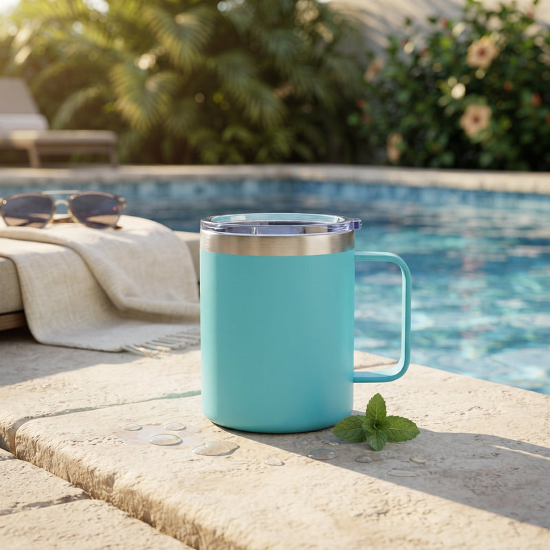 12 Oz Stainless Steel Travel Mug with Handle - Aqua, installed in a room