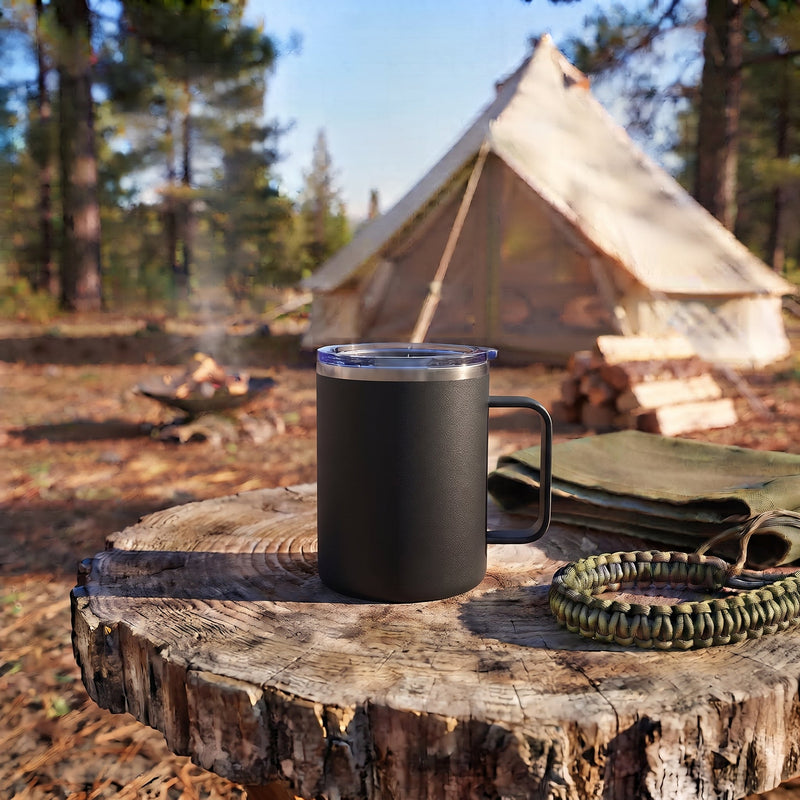 12 Oz Stainless Steel Travel Mug with Handle - Black, installed in a room