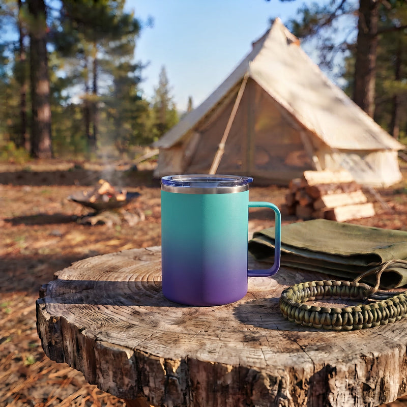 12 Oz Stainless Steel Travel Mug with Handle - Blue & Purple, installed in a room