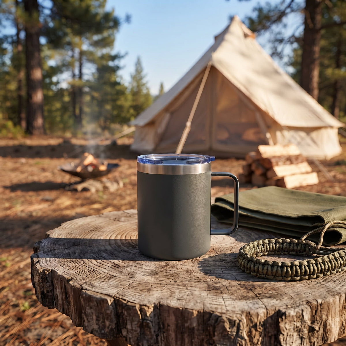 12 Oz Stainless Steel Travel Mug with Handle - Grey, installed in a room