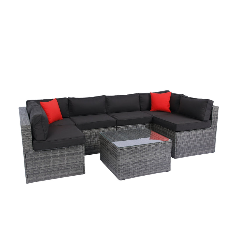 5 Pieces PE Rattan sectional Outdoor Furniture Cushioned U Sofa set with 2 Pillow Grey wicker + Black Cushion